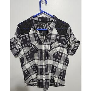 Harley Davidson Women's SS Black Plaid Lace Button Down Shirt Size XL Embroidery